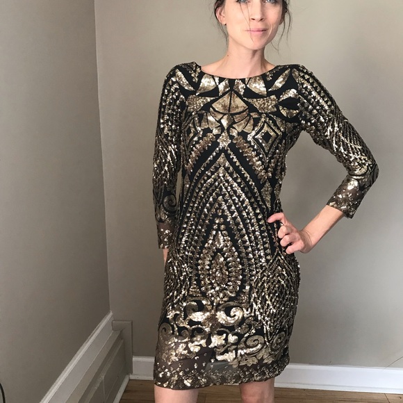 Gianni Bini Dresses & Skirts - Gianni Bini Black Gold Sequins Fitted Sheath Dress